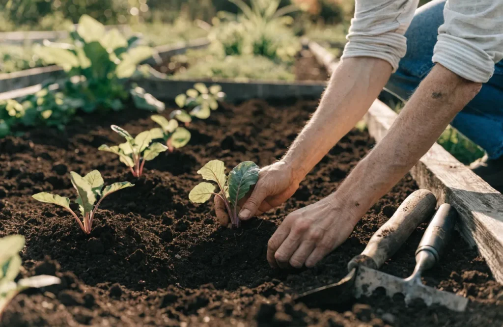 Gardener planting vegetables in prepared soil during the September gardening season