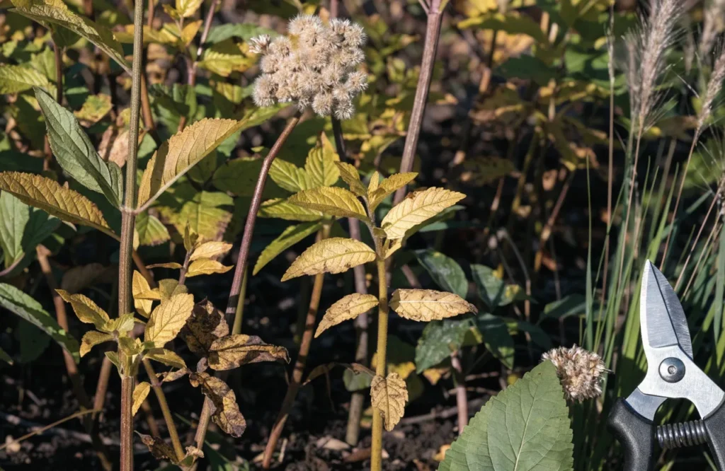 Perennial plants with autumn foliage left standing before winter pruning