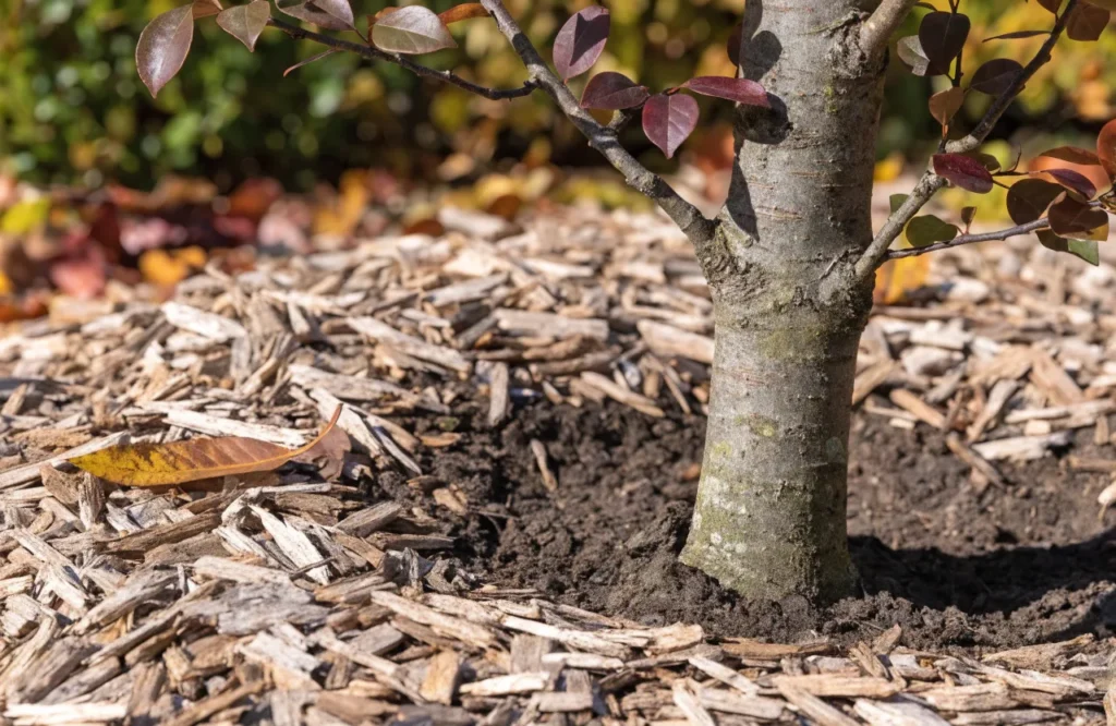 Proper fall mulch placement kept away from a tree trunk
