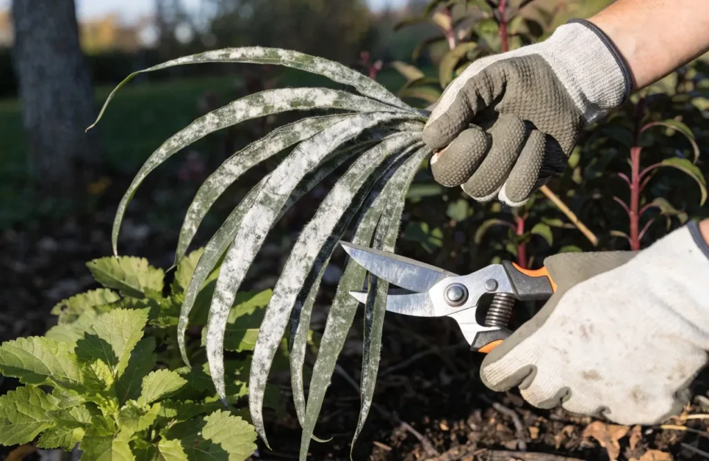 Removing diseased foliage during fall garden cleanup