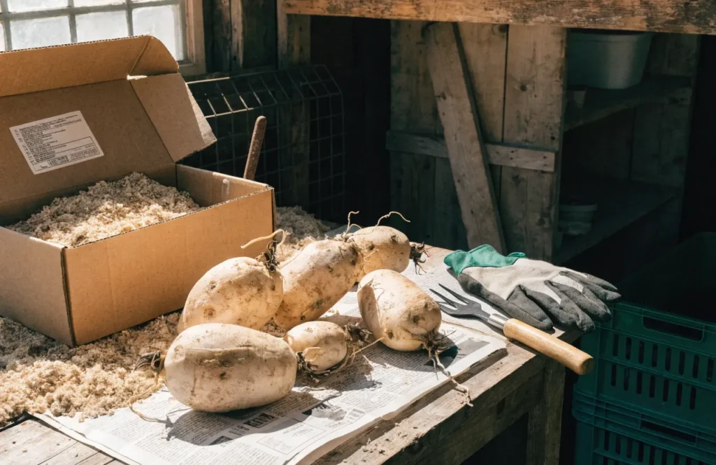 Plants to Bring Indoors Before Frost: 2026 Guide 7 Dahlia tubers being prepared for dormant winter storage