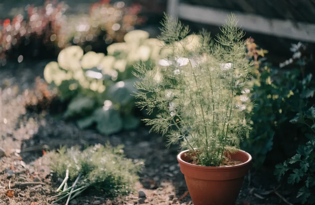 17 Best Fall Herbs to Grow for a Thriving Autumn Garden 3 Dill growing in a container in a fall herb garden