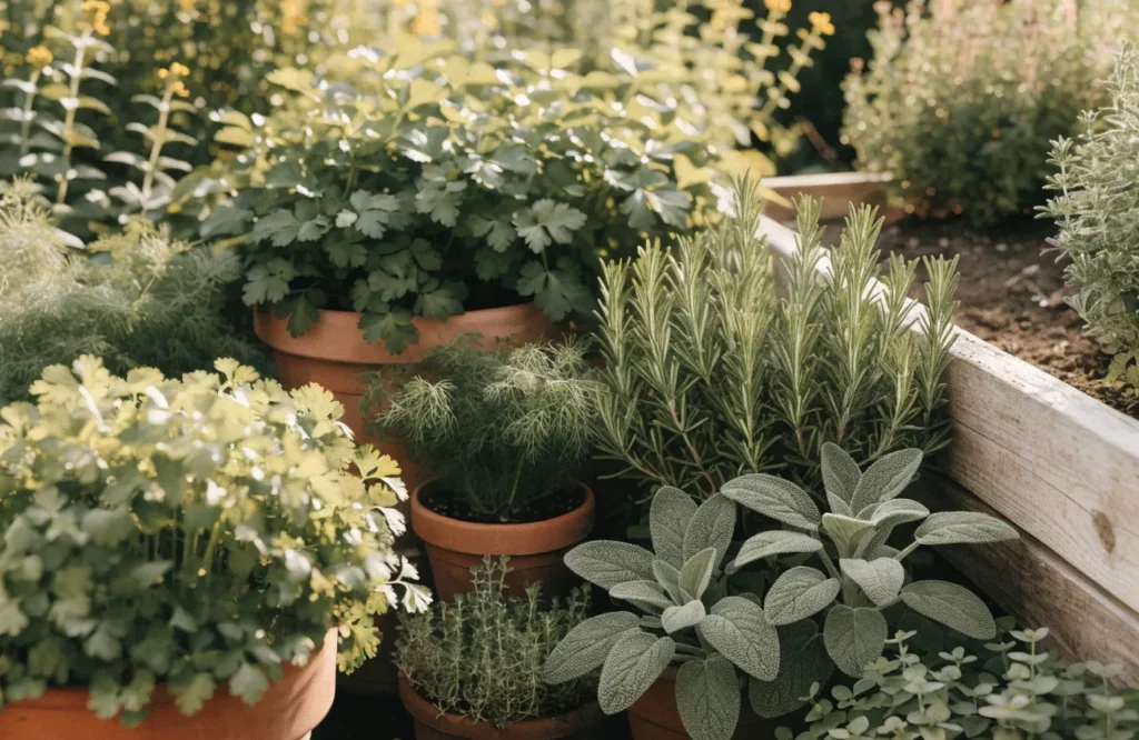 Herbs to plant in September including cilantro, parsley, rosemary and thyme