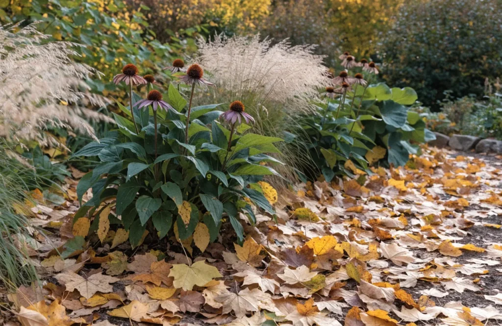 Fallen leaves left around perennial plants as natural garden mulch
