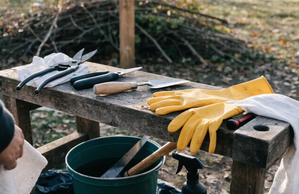 Cleaning garden tools before winter storage