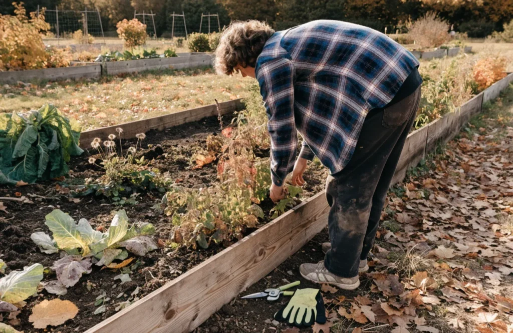 Removing diseased plants and weeds while preparing garden for fall.