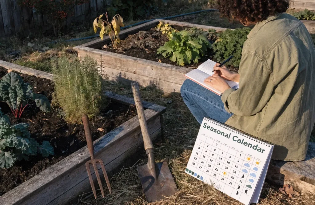 Gardener planning to prepare garden for fall around the first frost date.