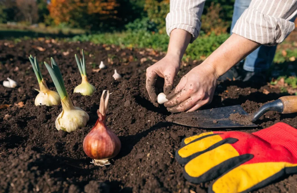 Planting garlic and spring bulbs while preparing garden for fall.