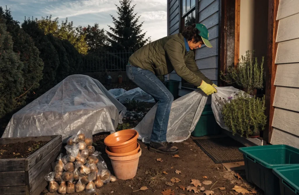 Protecting tender plants from frost when preparing garden for fall.
