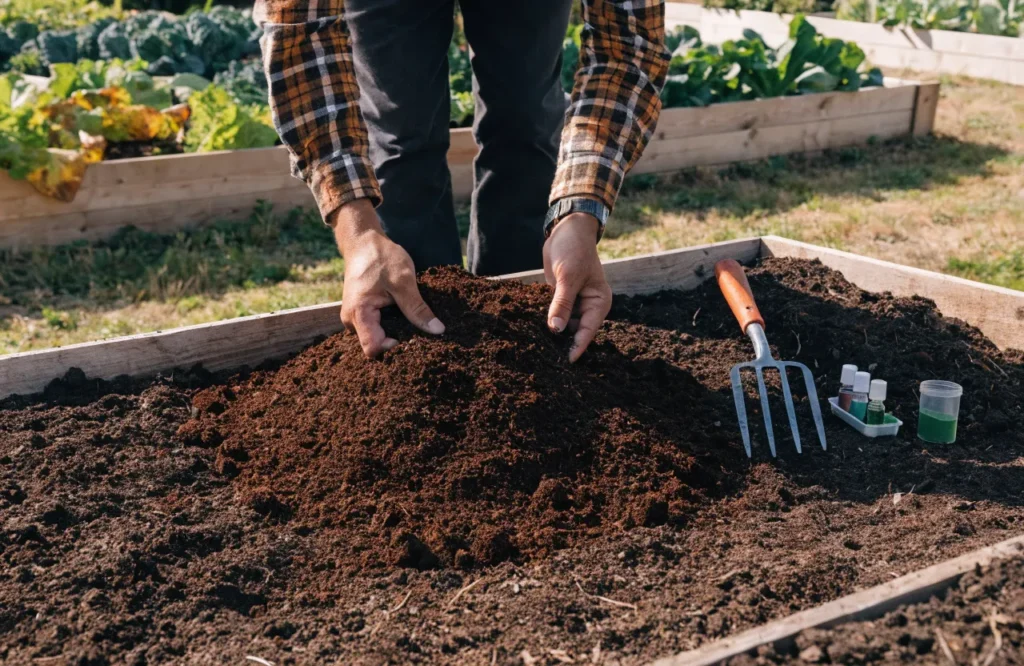 Adding compost and improving garden soil to prepare garden for fall.