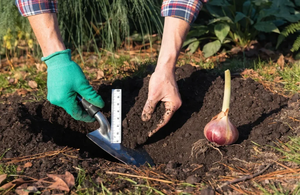 Measuring a planting hole for spring bulbs at the correct depth