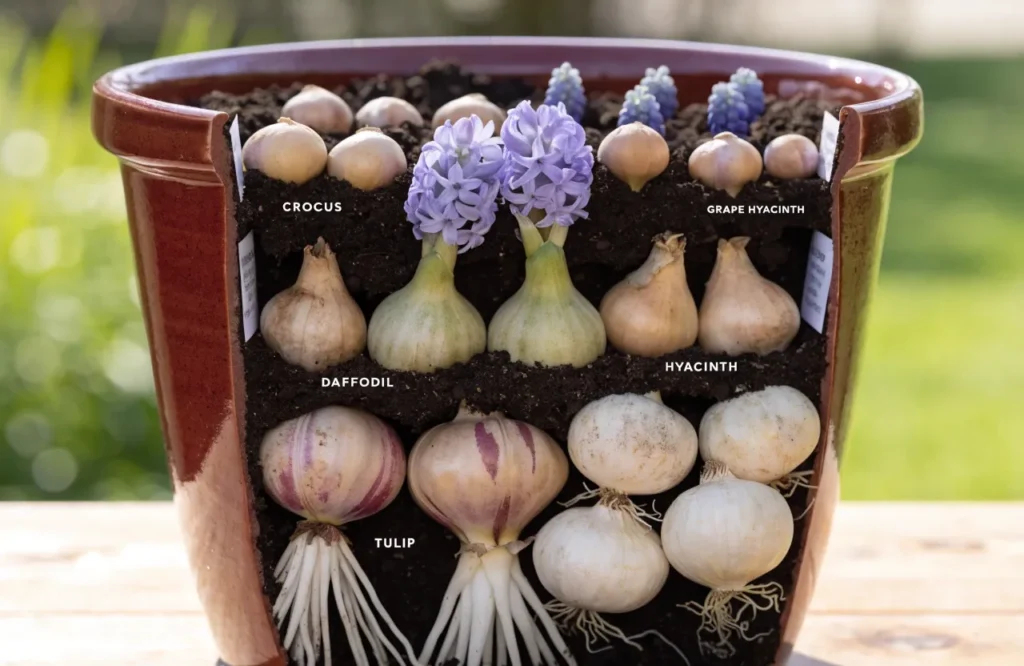 Layered spring bulbs planted in a deep container