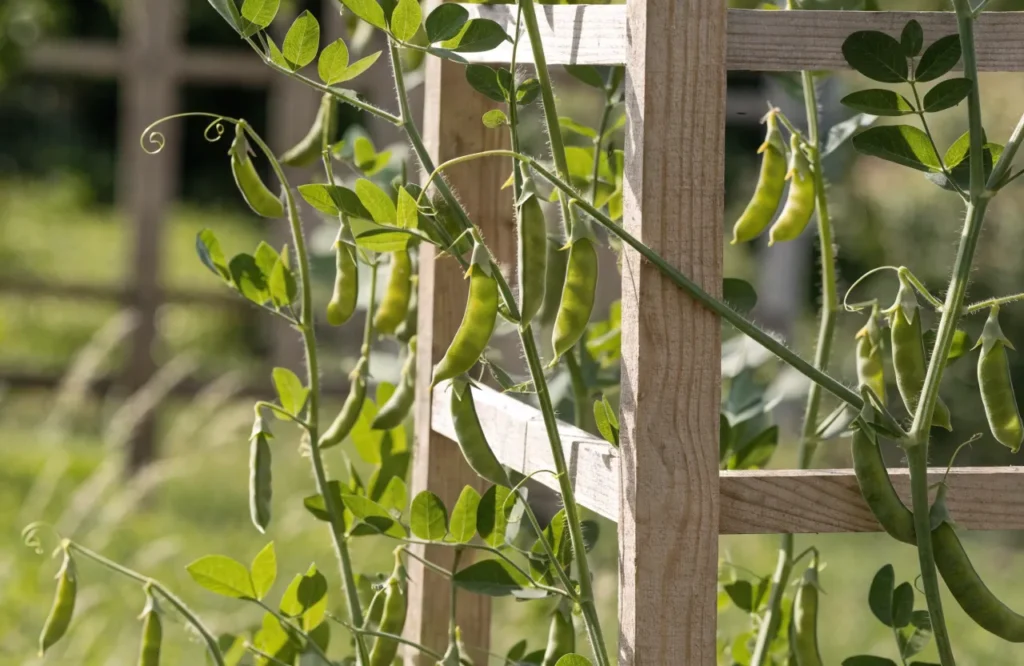 15 Best Fall Vegetables to Grow in September (Plus a Planting Calendar) 18 Pea vines climbing a trellis in a September fall vegetable garden