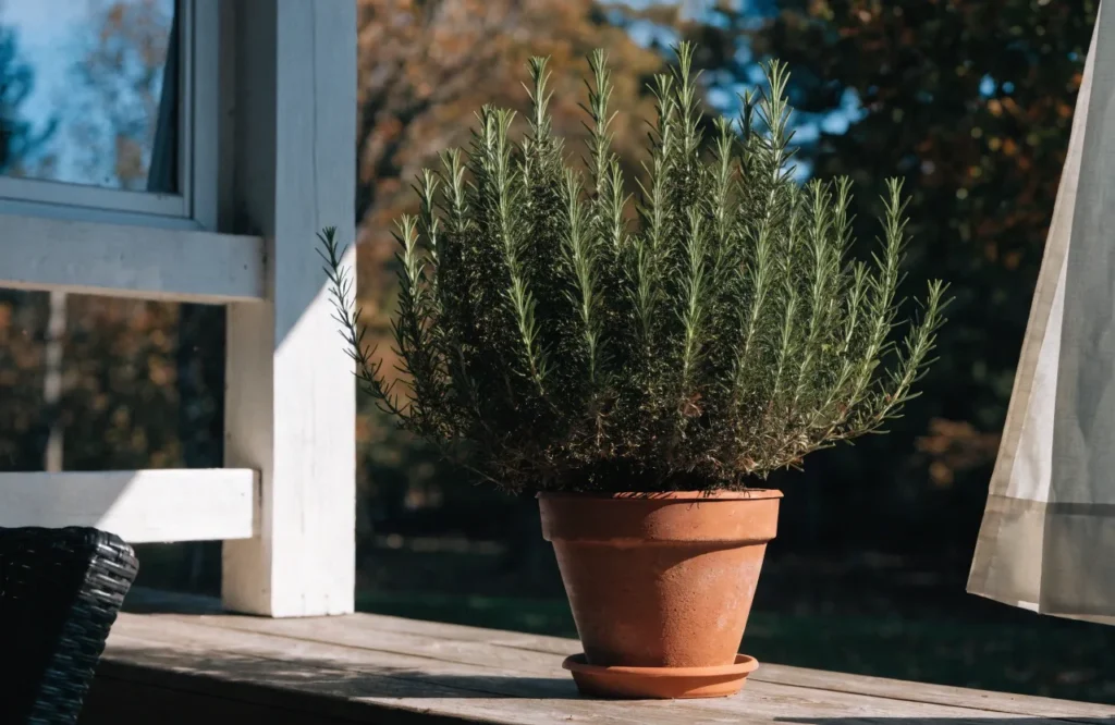 17 Best Fall Herbs to Grow for a Thriving Autumn Garden 9 Rosemary growing in a container on a sheltered porch in fall