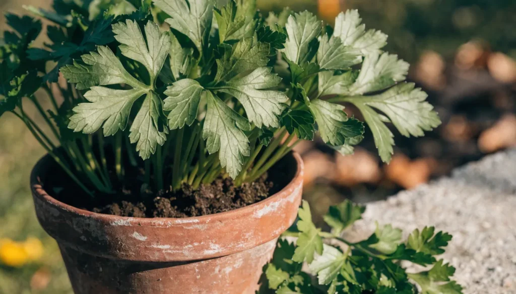 17 Best Fall Herbs to Grow for a Thriving Autumn Garden 2 Parsley growing in a container during fall