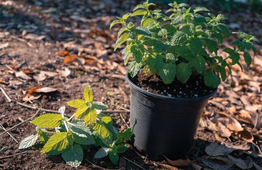 17 Best Fall Herbs to Grow for a Thriving Autumn Garden 12 Lemon balm growing in a container in a fall herb garden