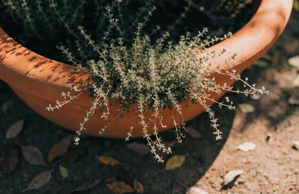 17 Best Fall Herbs to Grow for a Thriving Autumn Garden 8 Thyme growing in a shallow container in fall