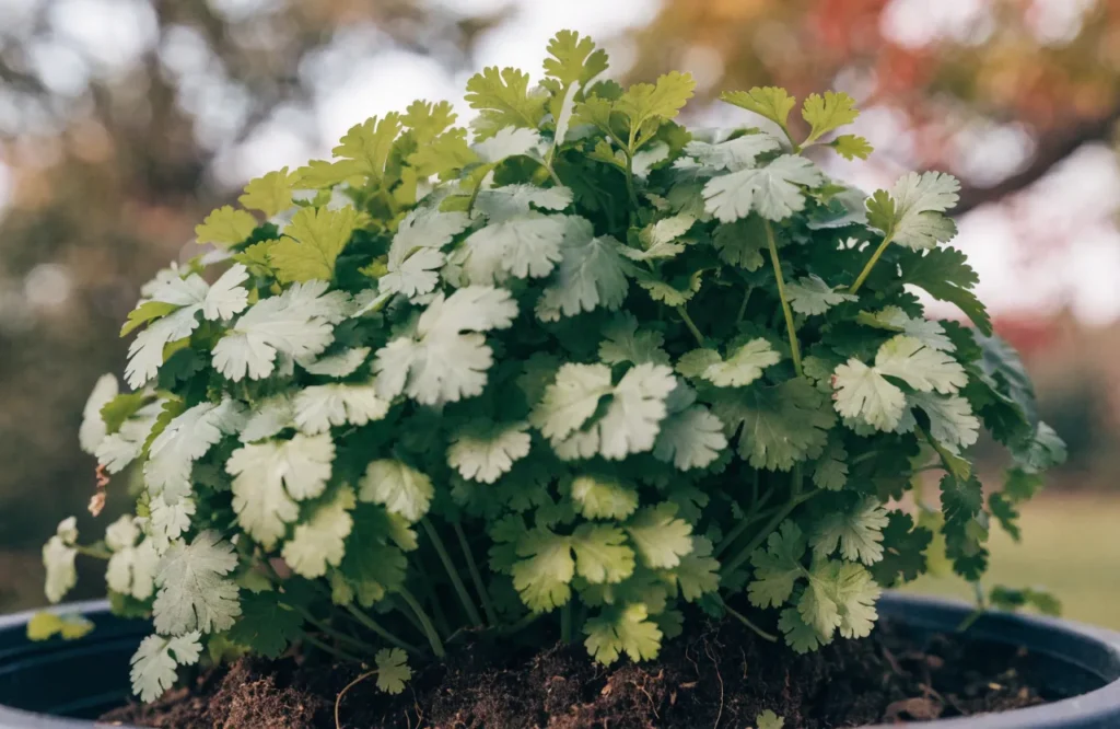 17 Best Fall Herbs to Grow for a Thriving Autumn Garden 4 Cilantro growing in a container during cool fall weather
