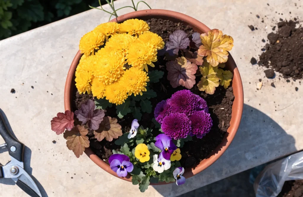 Mums, pansies, and heuchera planted together in a fall container