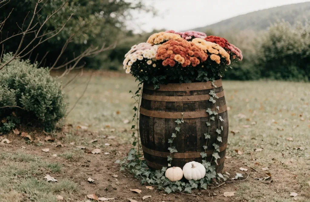 Fall container idea with mums, ivy, and mini pumpkins