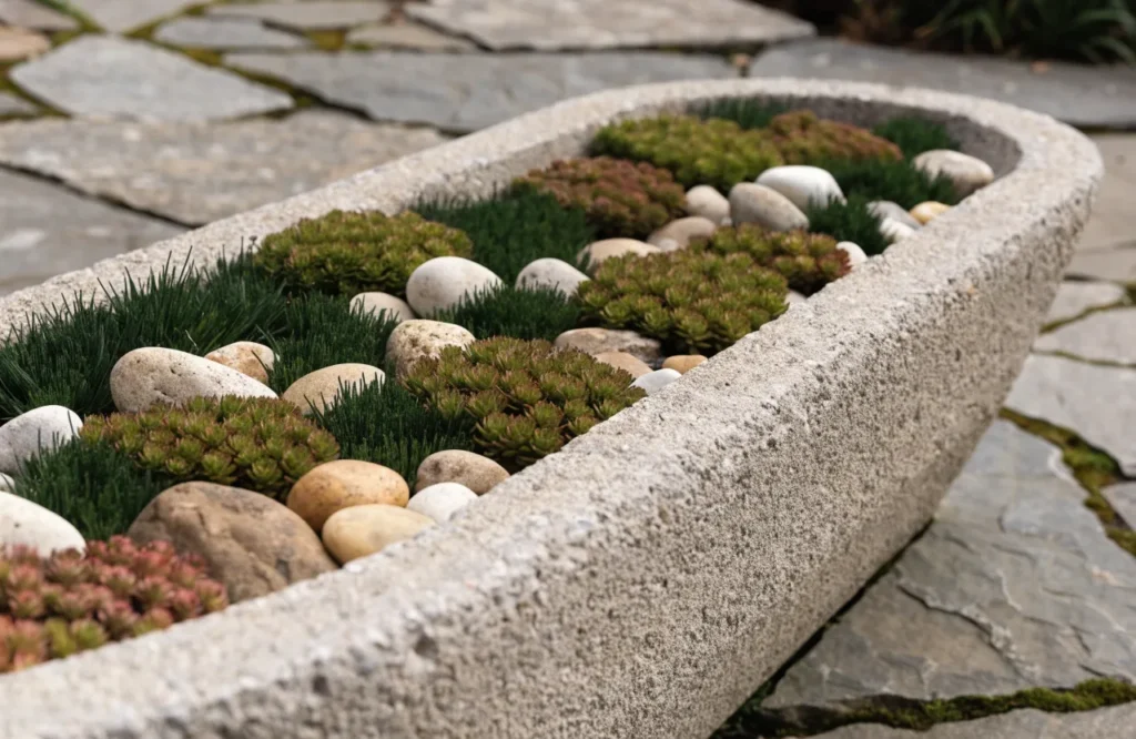 Small alpine trough container with sedum and dwarf mondo grass