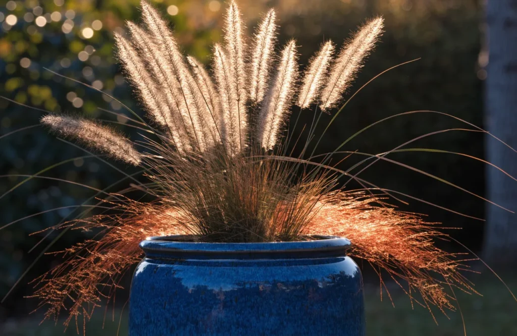 Ornamental grass fall container with switchgrass and orange hair sedge