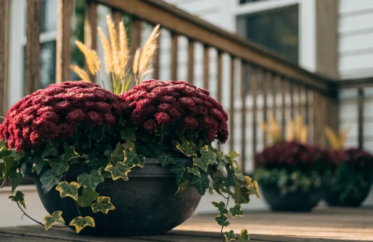 Fall container gardening display with mums, ornamental grass, and trailing ivy on a front porch