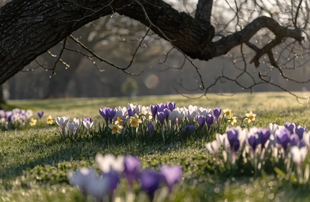 Crocuses and daffodils naturalized in a lawn