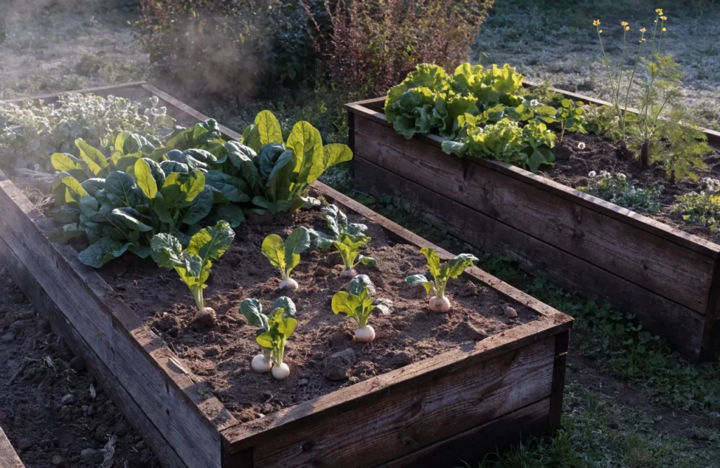 Cool-season vegetables growing in a garden during September planting season
