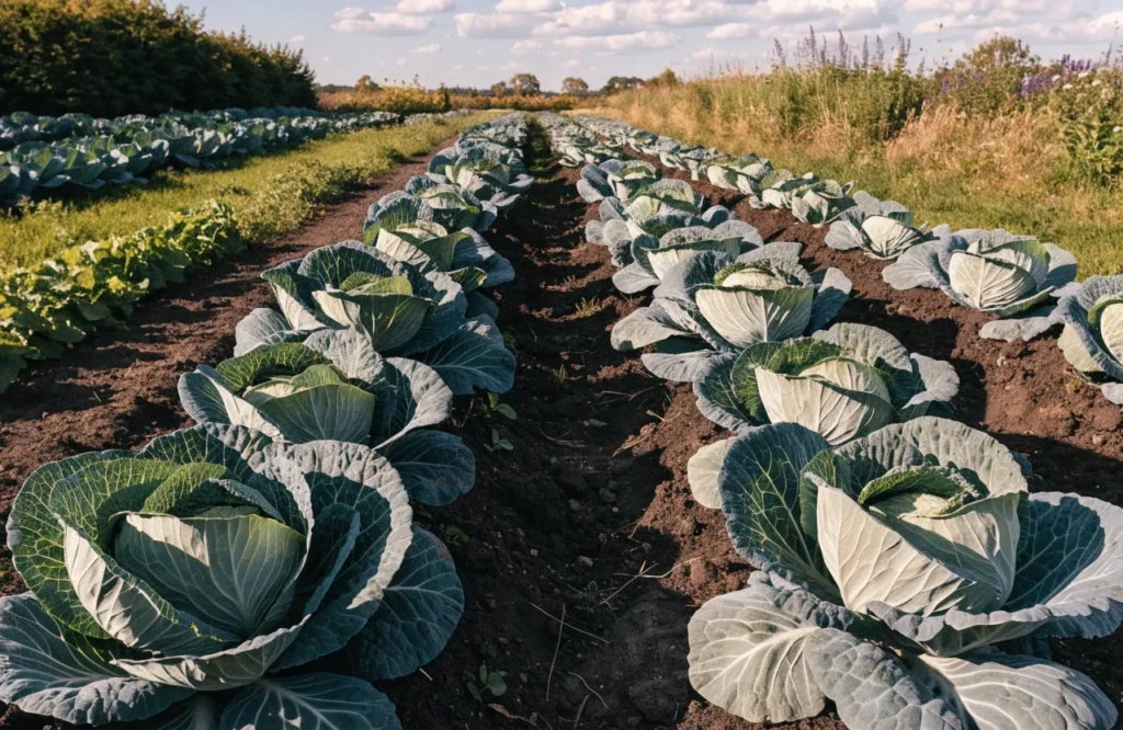 15 Best Fall Vegetables to Grow in September (Plus a Planting Calendar) 12 Cabbage heads growing in neat rows in a fall vegetable garden