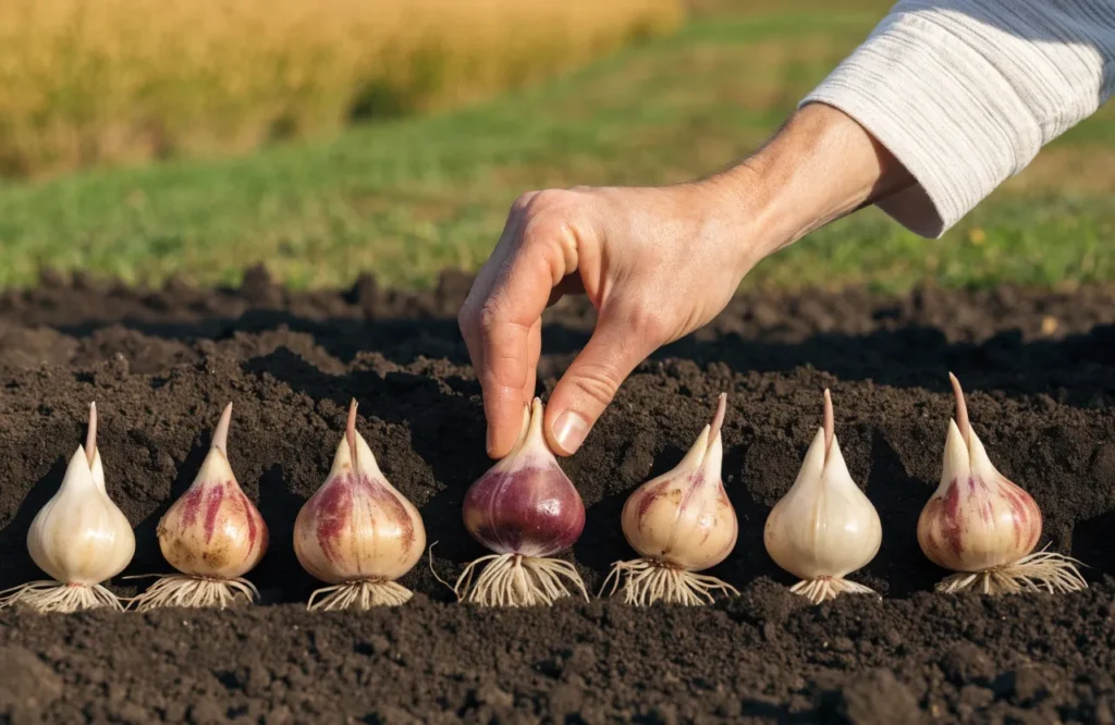 Tulip bulbs placed pointed end up in a planting trench