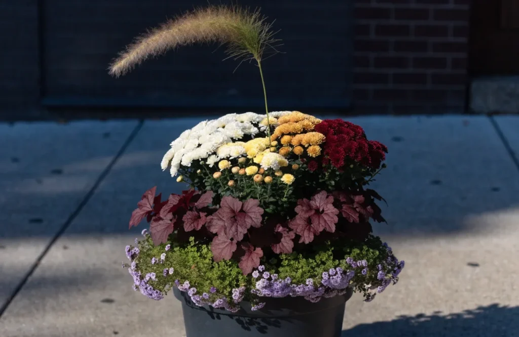 Thriller, filler, and spiller layers in a fall container arrangement