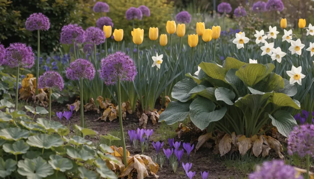 spring bulb garden design with tulips, alliums and crocuses
