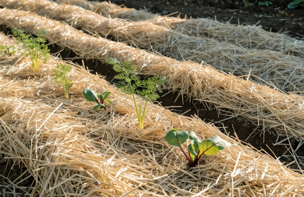 Thick straw mulch covering root vegetable rows to protect them from frost