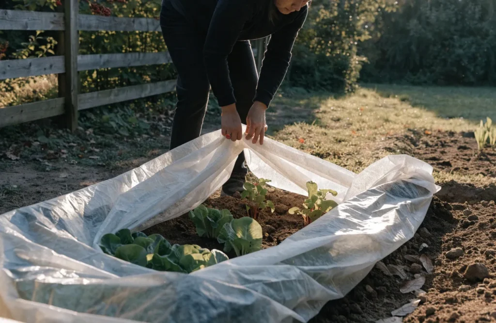 How to Protect Plants From Frost: 10 Simple Methods 6 Removing frost protection fabric from a raised vegetable garden after the morning temperatures rise above freezing.