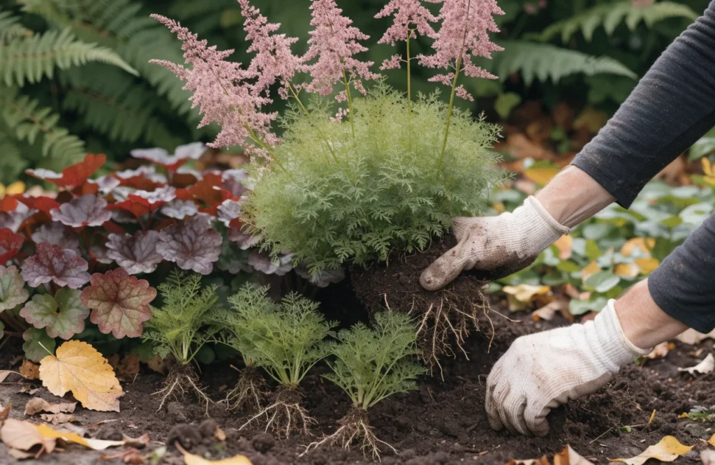 Dividing astilbe and coral bells into smaller perennial plants with healthy roots.