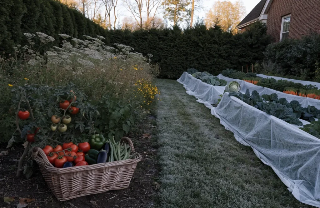 Frost-tender vegetables ready for harvest beside cold-hardy crops protected in the garden.