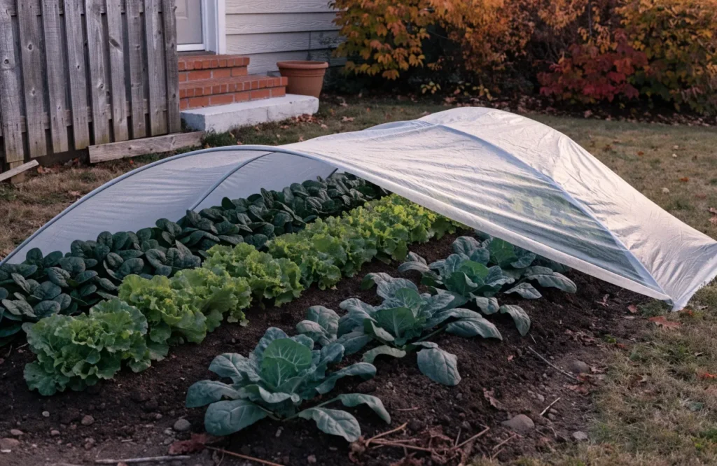 Row covers protecting spinach, lettuce, and cabbage from frost in an autumn garden.