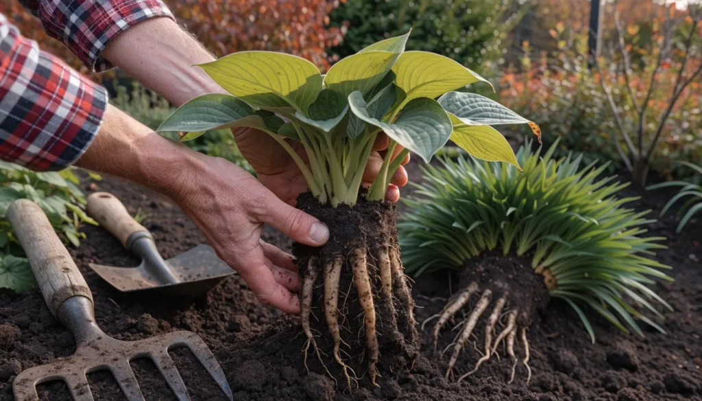 Dividing a hosta root clump into smaller sections with healthy roots in fall.