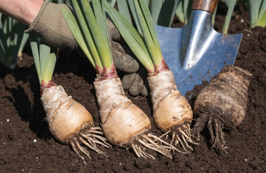 Healthy bearded iris rhizomes separated into divisions with roots and leaf fans.