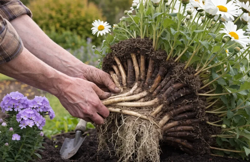 Dividing Shasta daisies and garden phlox into healthy rooted sections in fall.