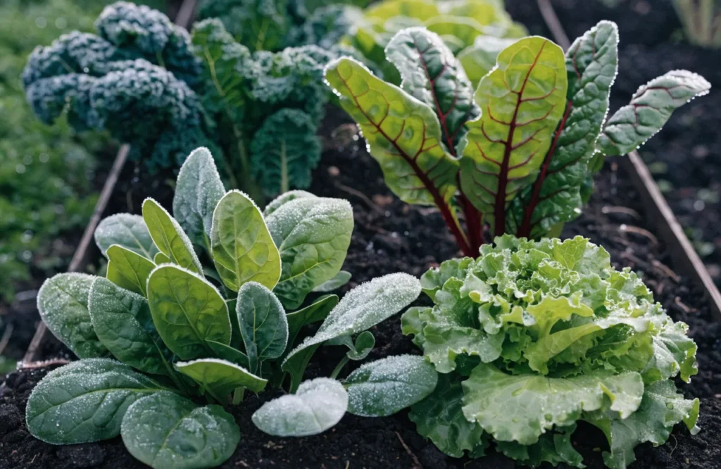 Spinach, lettuce, Swiss chard, and kale growing in a frost-tolerant autumn vegetable garden.