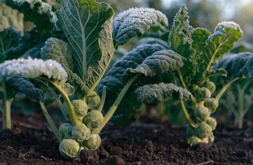 Brussels sprouts and kale growing in the garden after a light frost.