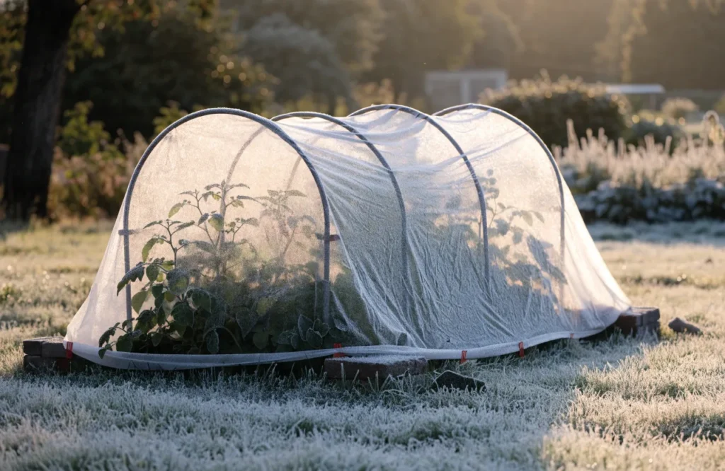 How to Protect Plants From Frost: 10 Simple Methods 1 Row cover over a raised bed to protect plants from frost at sunrise