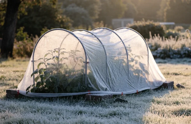 How to Protect Plants From Frost: 10 Simple Methods 24 Row cover over a raised bed to protect plants from frost at sunrise