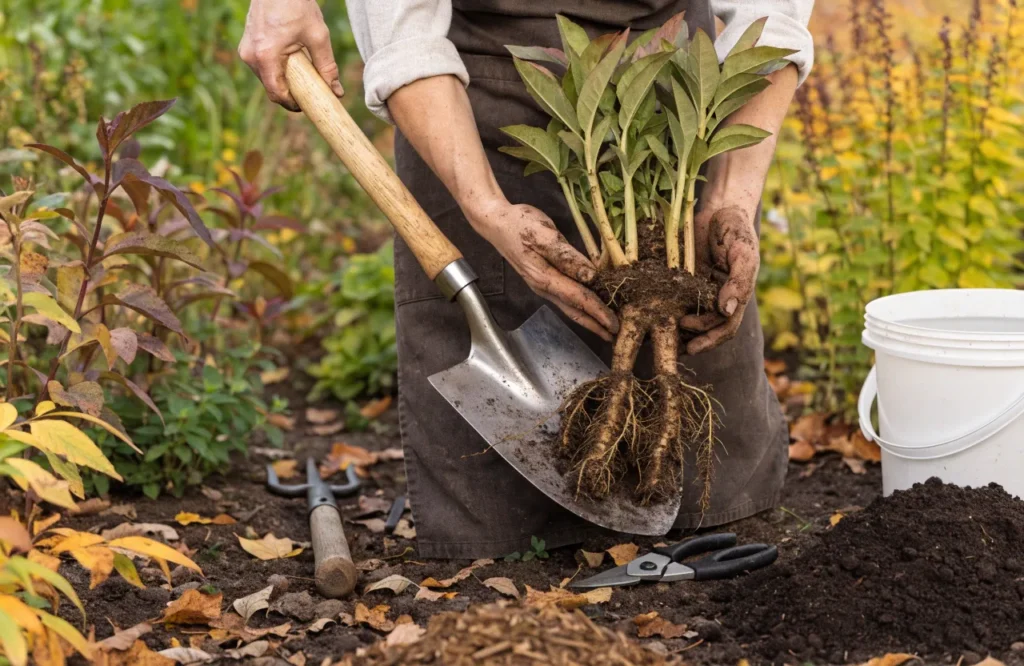 How to divide perennials in fall using a garden spade and healthy rooted divisions.