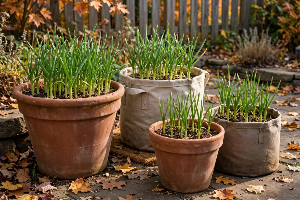 Garlic growing in terracotta pots and fabric grow bags on a patio