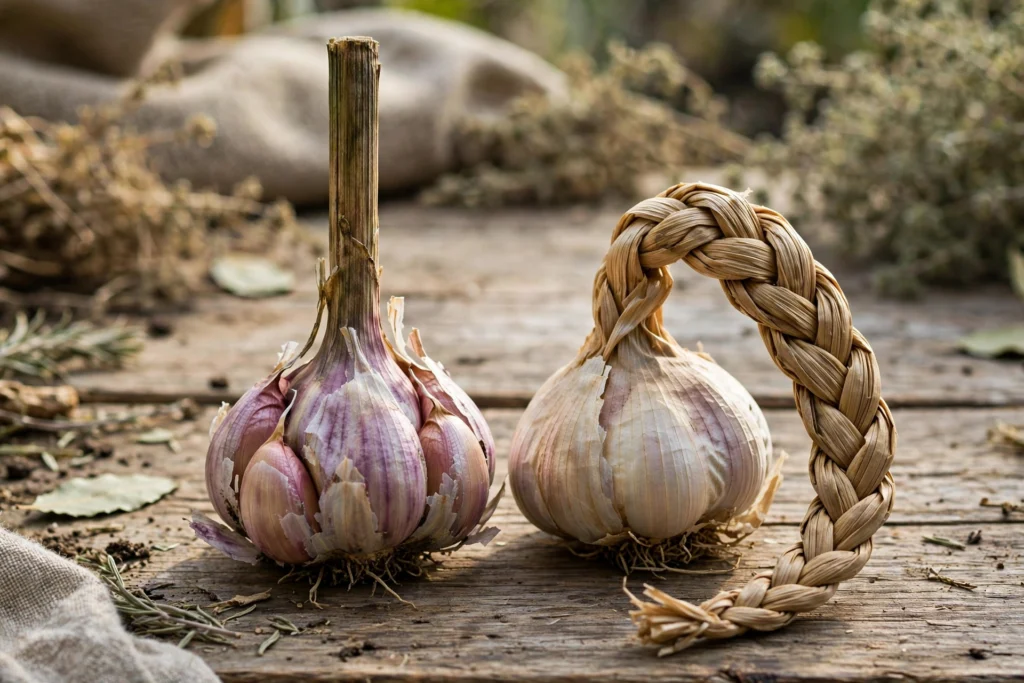 Hardneck garlic with stiff central stalk beside softneck garlic with braided stems