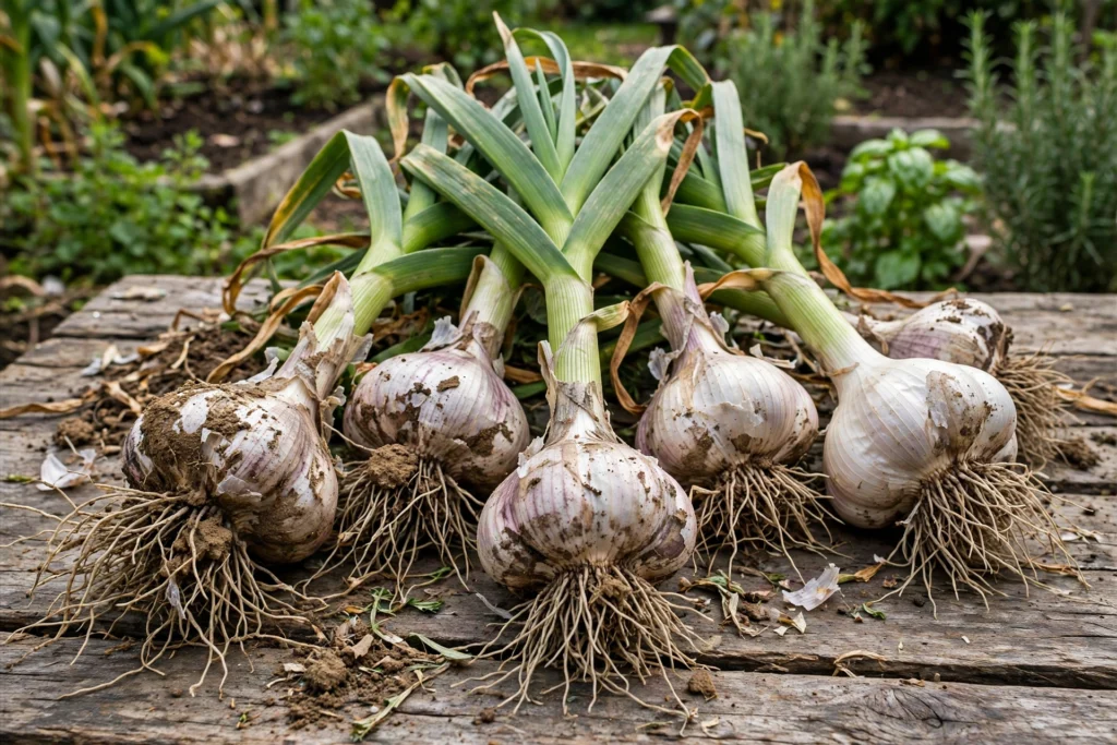 Freshly harvested large garlic bulbs with roots and stalks on a wooden table