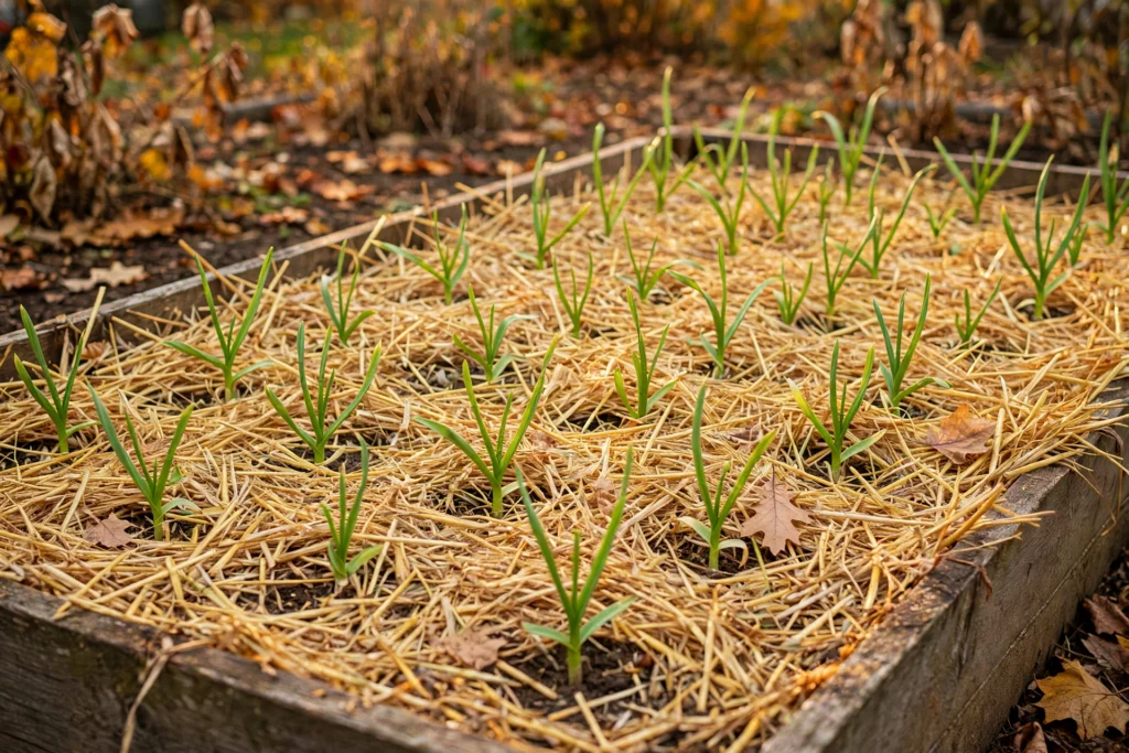 Garlic bed mulched with golden straw in fall with green sprouts emerging